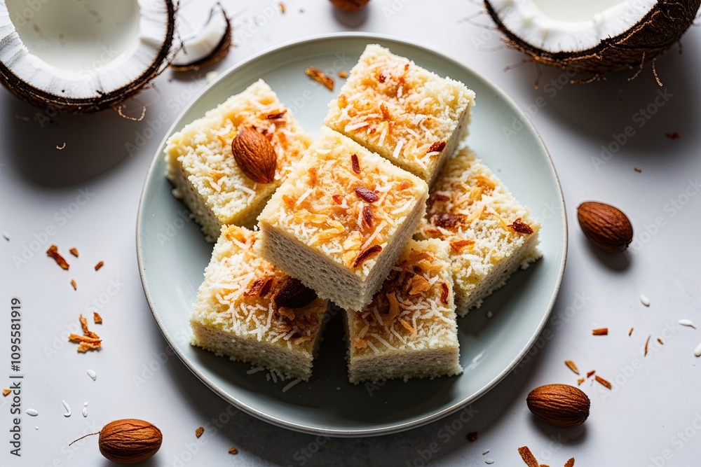 Coconut Barfi a Delicious Indian Sweet Dessert on a Pure White Base Coconut Barfi a Delicious Indian Sweet Dessert on a Pure White Base