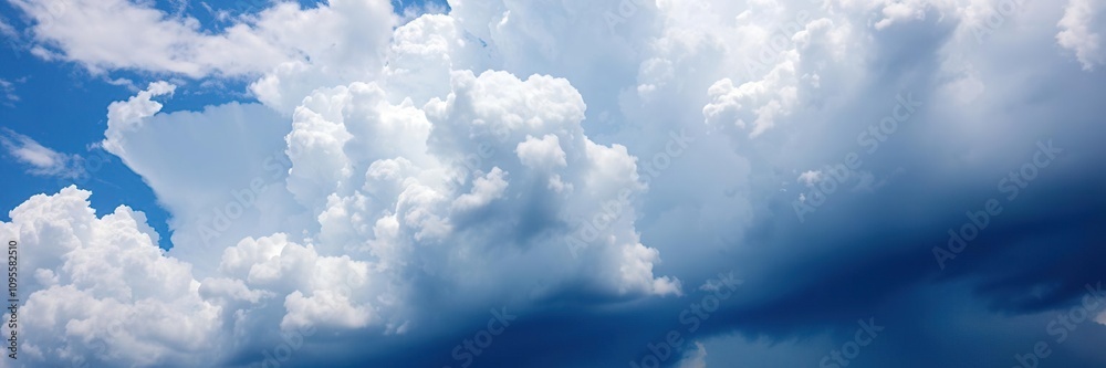 Fototapeta premium A dramatic display of fluffy white clouds against the deep blue color of the sky with a hint of thunder, dramatic skies, blue sky