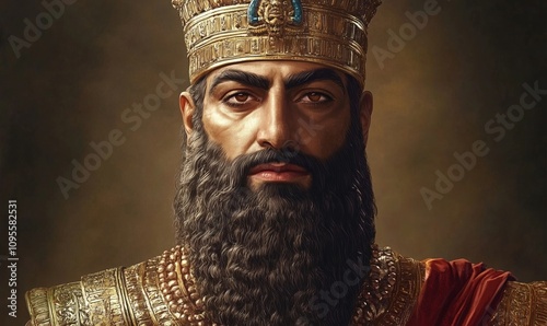 Ancient king portrait, majestic figure with ornate crown and beard, detailed golden attire, strong gaze, historical representation