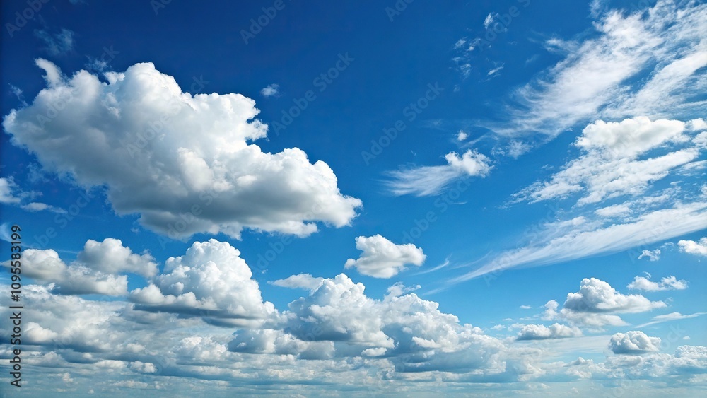 A large blue sky with several big fluffy cumulus clouds and a few smaller ones scattered around, open space, cloud formations, A large blue sky with several big fluffy cumulus clouds and a few smaller ones scattered around, open space, cloud formations,