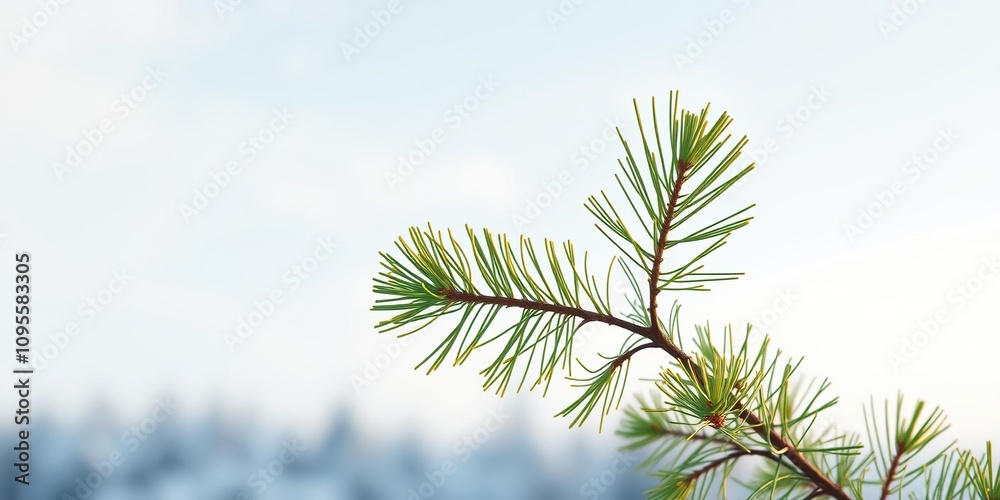 a lone pine branch with bright green needles against a soft winter sky, outdoor, snow a lone pine branch with bright green needles against a soft winter sky, outdoor, snow