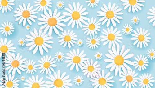 seamless pattern with camomiles, blue light pastel background. 