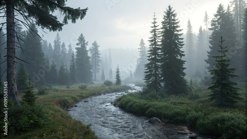 A narrow stream runs through a dense dark spruce forest covered in thick fog, woodland, evergreen trees, coniferous forest, dense foliage