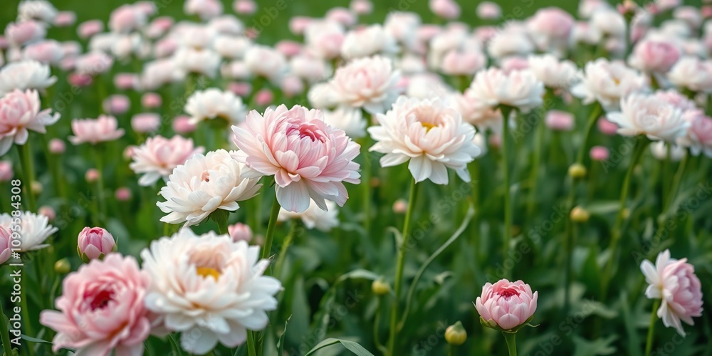 Fototapeta premium A sea of white ranunculus flowers with pink hues in the foreground set against a lush green background, wildflowers, flowers, spring