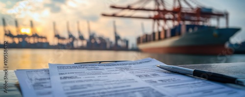 Customs declaration form analysis shipping port document capture industrial environment close-up view logistics insight