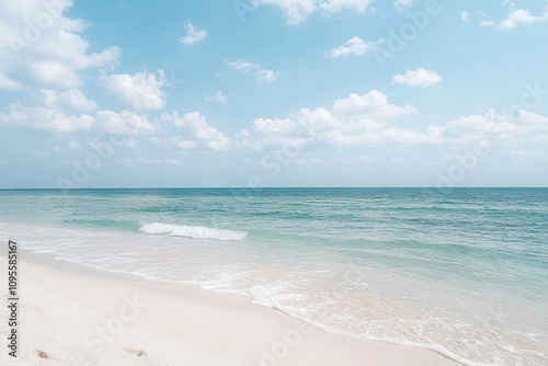 Beach Scene Tranquil Ocean Waves Soft Sand Tropical Landscape Sunny Sky Clear Water