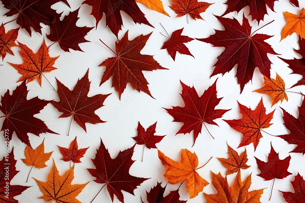 Vibrant Autumn Leaves in Maroon and Amber on a Crisp White Background Vibrant Autumn Leaves in Maroon and Amber on a Crisp White Background