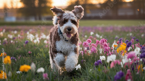 A joyful dog running through a vibrant field of flowers, with its ears flopping in the breeze during a warm sunset. photo