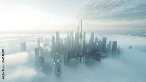 Futuristic city skyline emerging from a sea of clouds at sunrise. (1)