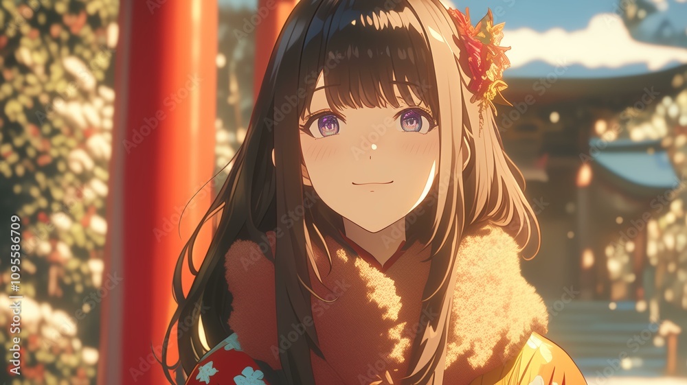 神社で初詣のお参りをするアニメ調の日本人美少女 神社で初詣のお参りをするアニメ調の日本人美少女