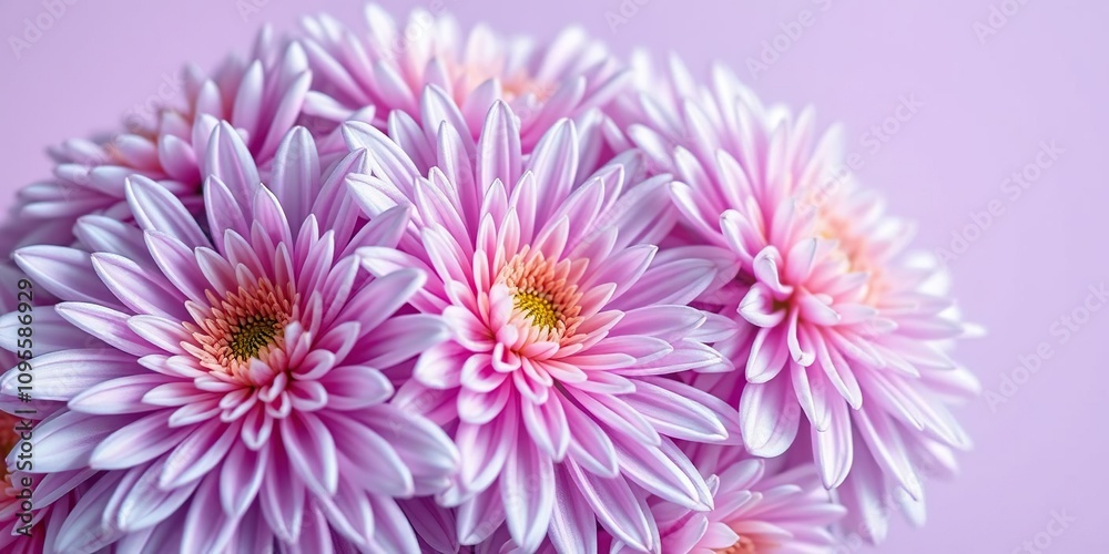 Close-up of delicate chrysanthemum flowers in soft lilac and white hues against a clean lilac background, flower arrangement, spring flowers Close-up of delicate chrysanthemum flowers in soft lilac and white hues against a clean lilac background, flower arrangement, spring flowers