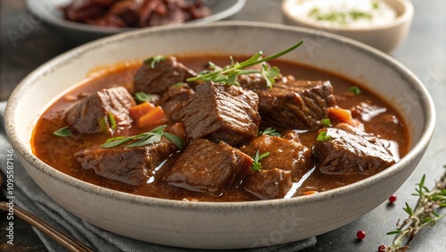 Close-up of tender beef chunks swimming in a rich sauce, stews, traditional Irish food, homemade recipe