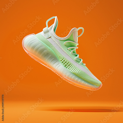 A high-quality image showcasing a stylish light green sneaker against a vibrant orange backdrop, highlighting its modern design and dynamic appeal.