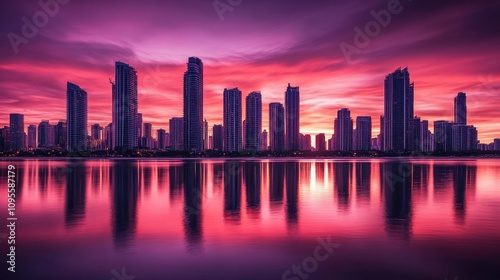 City Skyline Reflected in Pink and Purple Sunset Water