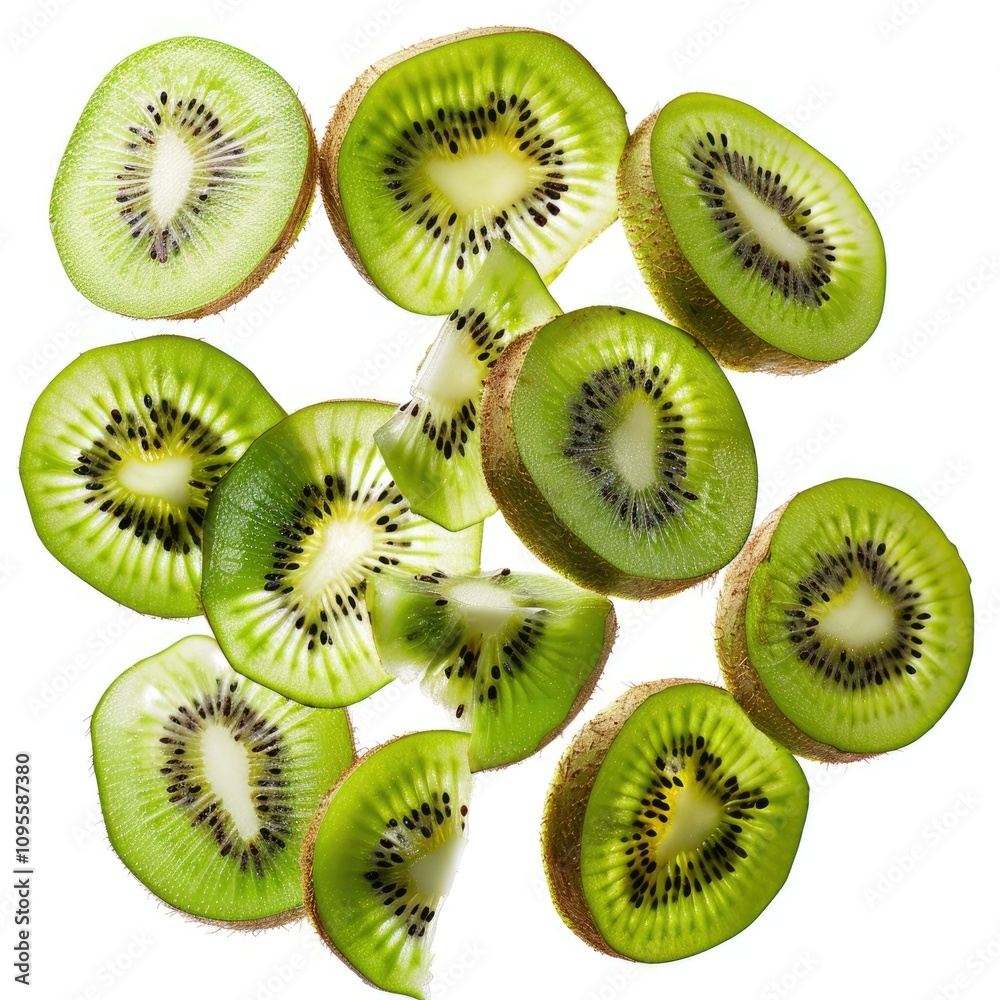 Fototapeta premium Kiwi fruit slices flying in the air isolated on white background.