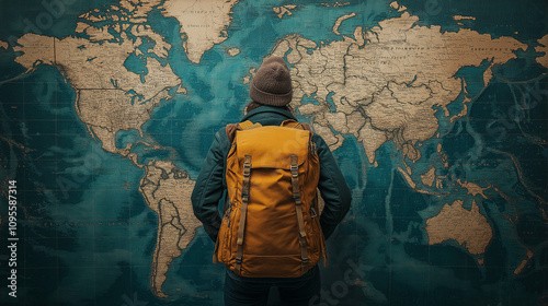 A traveler with a large backpack stands before a world map, embodying the spirit of adventure and exploration. Ideal for concepts of journey, travel planning, and discovering new destinations.
