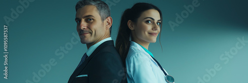 A confident businessman and a female doctor stand back to back, exuding professionalism and teamwork. Their expressions reflect trust and collaboration in their respective fields.