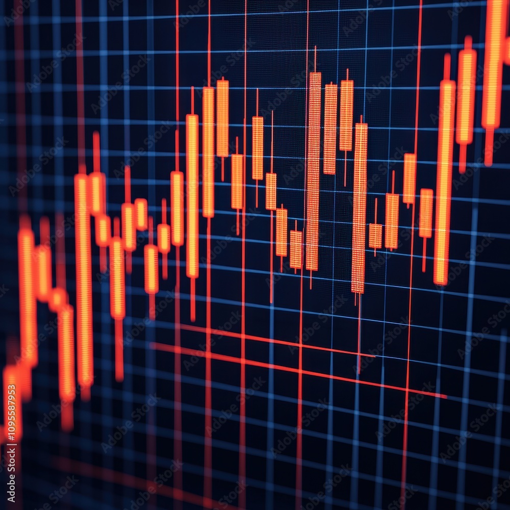 Trading in electric energy stocks concept. A close-up of a financial chart displaying candlestick patterns in vibrant red and orange against a dark grid background.