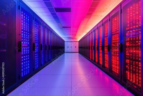 Concept of building cyber resilience for IT infrastructure. Vibrant data center corridor with illuminated servers in blue and red hues.