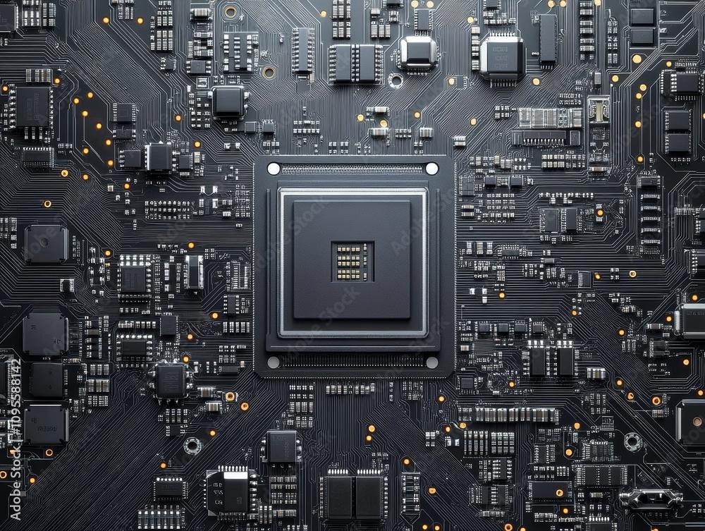 High-Resolution Black and Silver Motherboard with Central CPU Chip Detailed Design of Computer Hardware Technology High-Resolution Black and Silver Motherboard with Central CPU Chip Detailed Design of Computer Hardware Technology