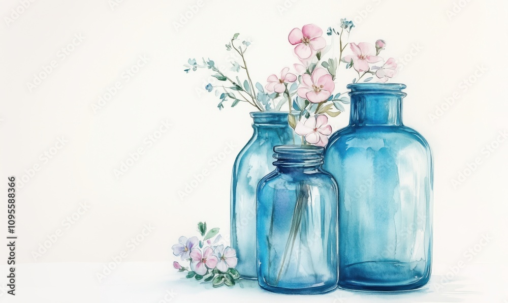 Blue glass jars with flowers, watercolor illustration featuring three jars, delicate pink and blue flowers, soft pastel background Blue glass jars with flowers, watercolor illustration featuring three jars, delicate pink and blue flowers, soft pastel background