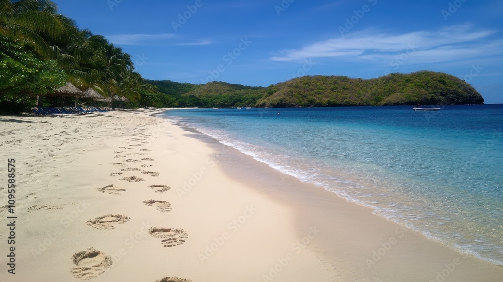 Footprints leading along white sand beach on tropical island. Footprints leading along white sand beach on tropical island.