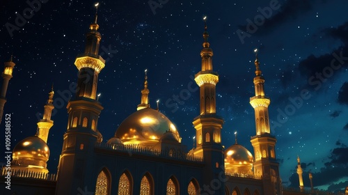 Night view of grand mosque, bright lighting, golden domes shining, clear starry sky above 
