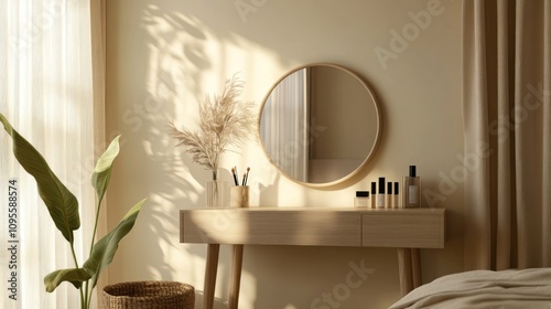 A vanity table with a round mirror, makeup brushes, and cosmetics in a minimalist bedroom setting.
