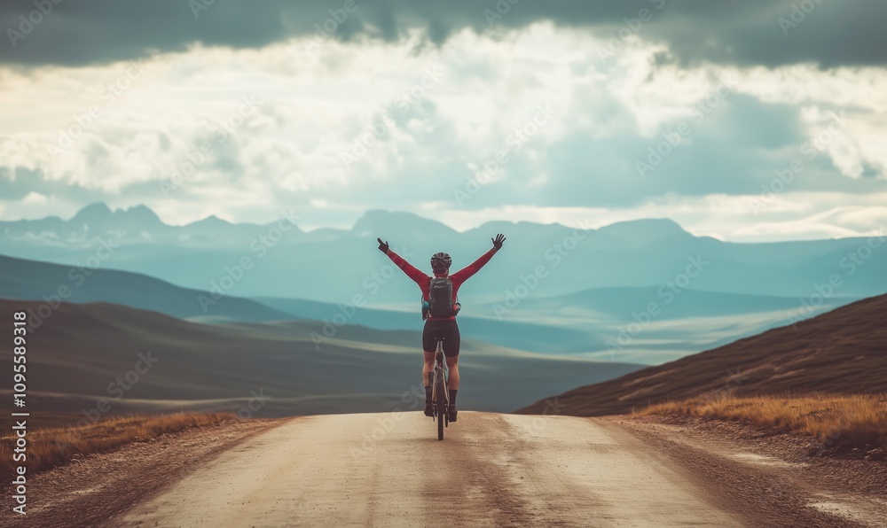 Cyclist celebrating on mountain road, arms raised, scenic landscape, dramatic clouds, distant mountains, adventure, freedom Cyclist celebrating on mountain road, arms raised, scenic landscape, dramatic clouds, distant mountains, adventure, freedom