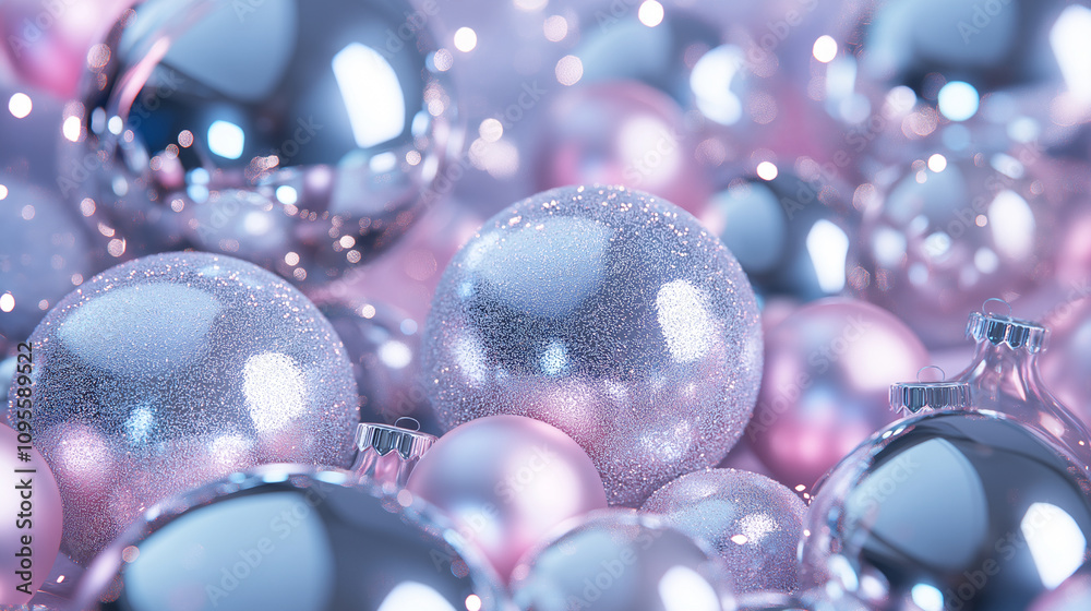 A pile of metallic glass ornaments, with glitter on them in large and small sizes, Christmas tree toys arranged to create a festive atmosphere for Christmas A pile of metallic glass ornaments, with glitter on them in large and small sizes, Christmas tree toys arranged to create a festive atmosphere for Christmas
