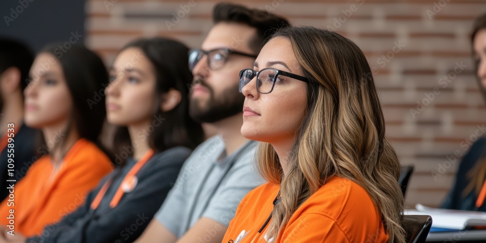Fototapeta premium Students engaged in lecture on technology in classroom indoor environment focused learning concept