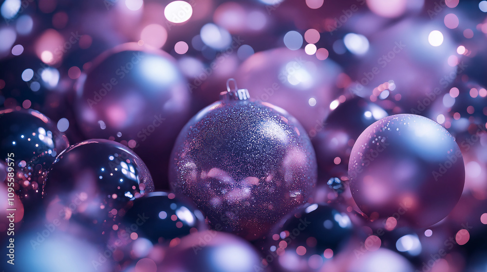 Fototapeta premium A pile of metallic glass ornaments, with glitter on them in large and small sizes, Christmas tree toys arranged to create a festive atmosphere for Christmas