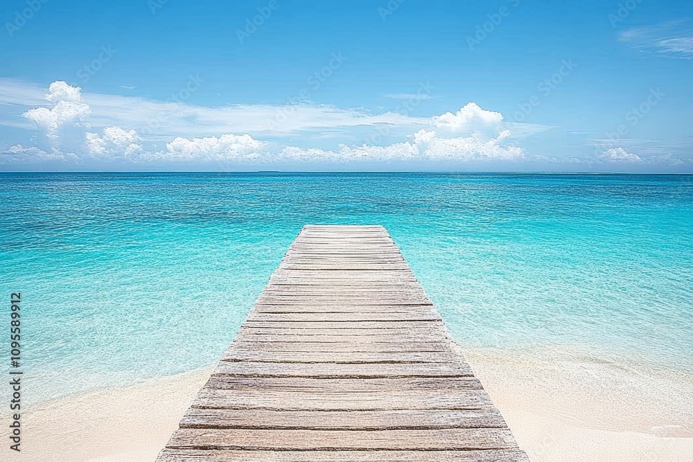 Obraz premium Tropical Island Paradise with Pier and Turquoise Ocean