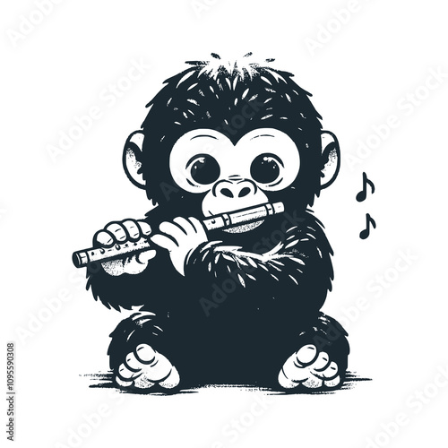 Cute monkey playing flute. Black white vector illustration.