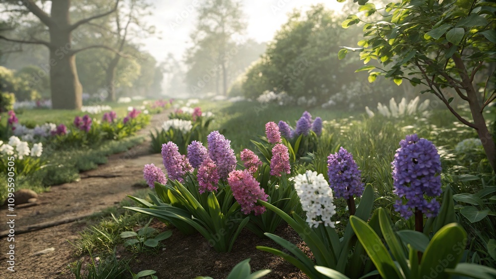 Obraz premium Hyacinths blooming in a garden bed surrounded by green foliage, garden beds, flower placement, greenery, floral arrangements