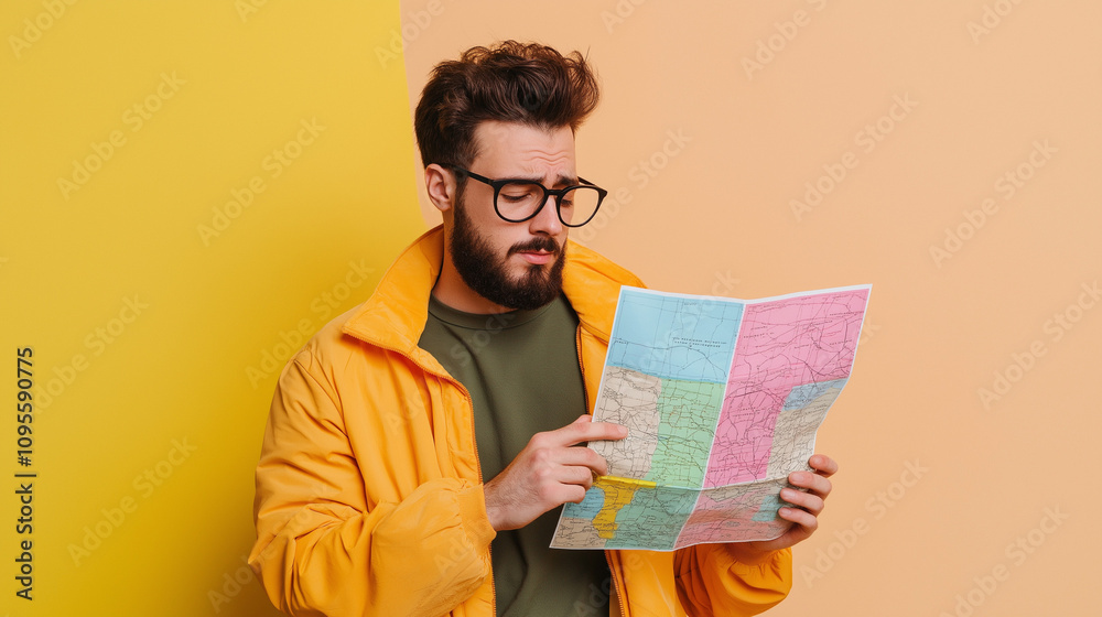 A worried man wearing glasses and a yellow jacket examines a vibrant map against a colorful background, conveying confusion and navigation challenges. A worried man wearing glasses and a yellow jacket examines a vibrant map against a colorful background, conveying confusion and navigation challenges.
