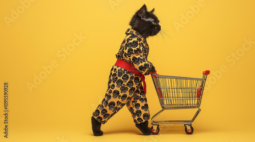 A side view of an anthropomorphic black cat wearing a fashionable outfit, pushing a shopping cart against a vibrant yellow background. The image conveys a whimsical and humorous vibe.