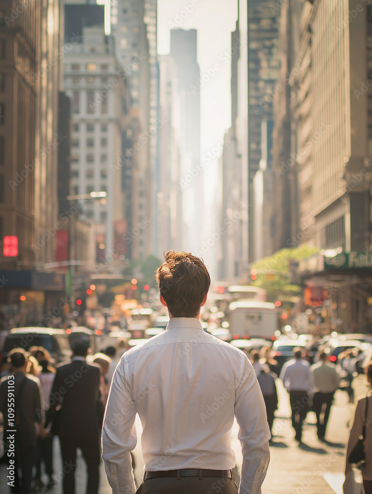 A young professional in a crisp white shirt navigates a bustling New York City street, surrounded by busy pedestrians and towering skyscrapers, capturing the vibrant energy of urban life. A young professional in a crisp white shirt navigates a bustling New York City street, surrounded by busy pedestrians and towering skyscrapers, capturing the vibrant energy of urban life.