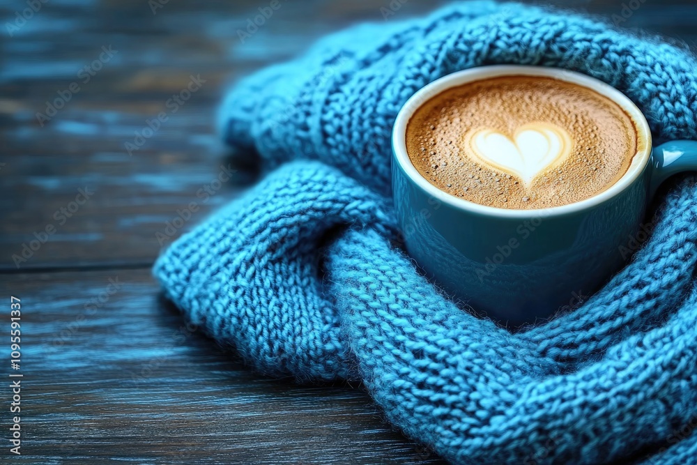 A blue knitted scarf covers a cup of coffee. Perfect for winter, holidays, or cozy vibes. A blue knitted scarf covers a cup of coffee. Perfect for winter, holidays, or cozy vibes.