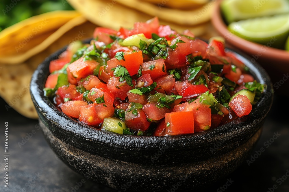 A bowl of fresh salsa with tomatoes, cilantro, and onions. The salsa is perfect for dipping tortilla chips or adding to tacos. A bowl of fresh salsa with tomatoes, cilantro, and onions. The salsa is perfect for dipping tortilla chips or adding to tacos.