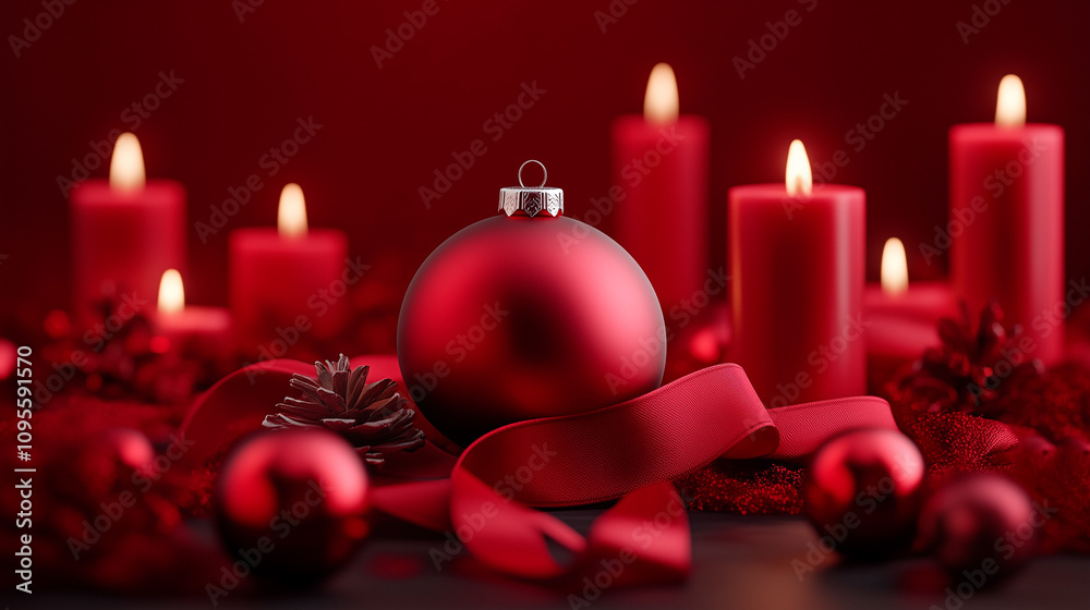 Red christmas background with bauble and candles Red christmas background with bauble and candles