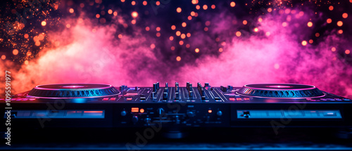 DJ turntables with smoke and neon light photo