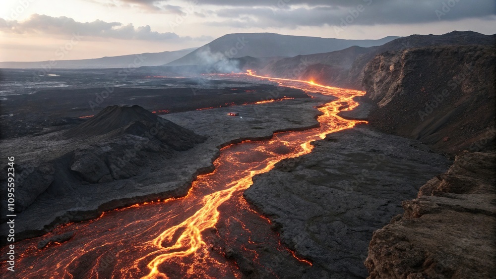 Fototapeta premium Magma flows through a fissure in the ground, geology, earth's interior, lava