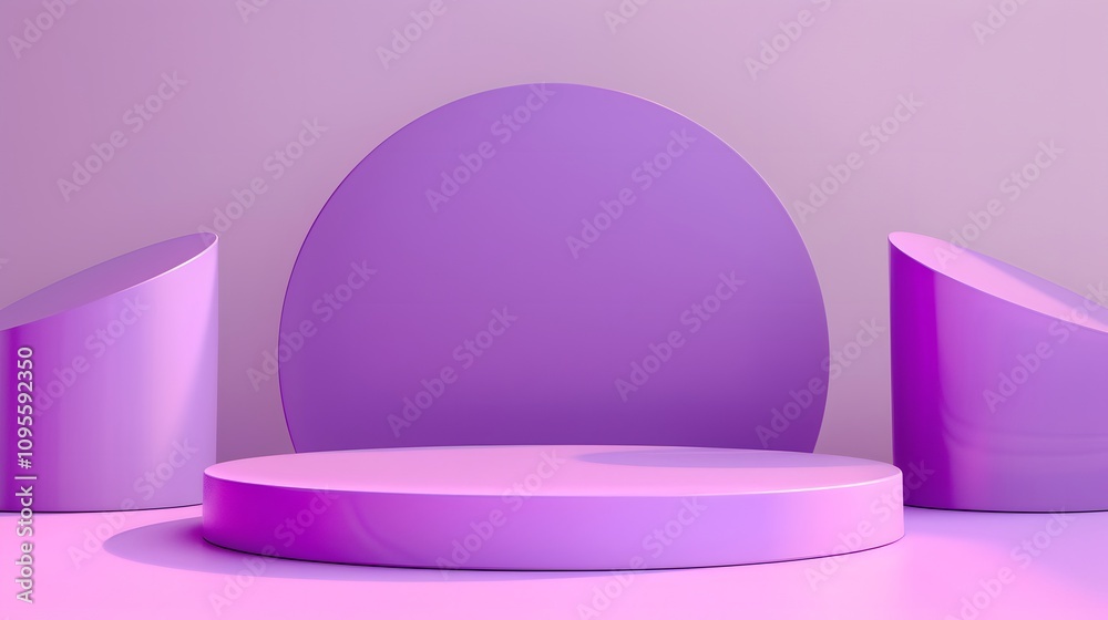 Purple geometric podium with two curved shapes for product display. Purple geometric podium with two curved shapes for product display.