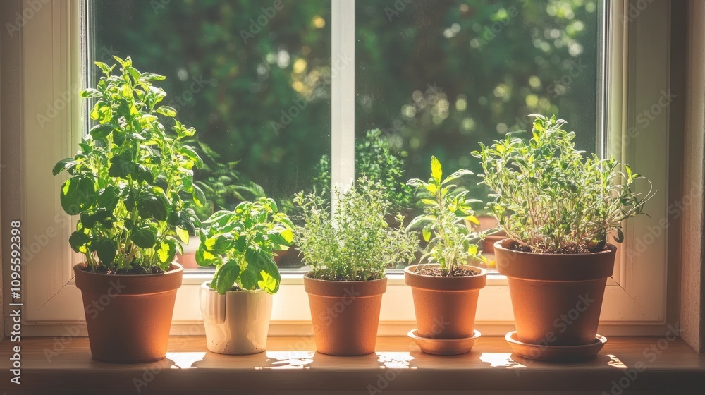 Five potted herbs on a window sill in the sunlight, with the window open and a view of green foliage outside. Five potted herbs on a window sill in the sunlight, with the window open and a view of green foliage outside.