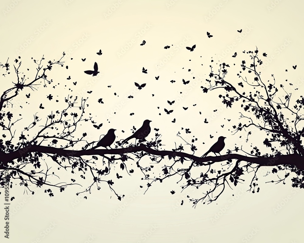 Obraz premium Silhouettes of birds and butterflies on a branch. Great for nature and tranquility themes, illustrating peaceful coexistence in nature.