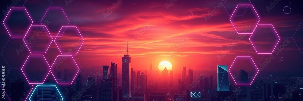 Obraz premium Neon hexagon background with futuristic cityscape at sunset, sunset, futuristic architecture