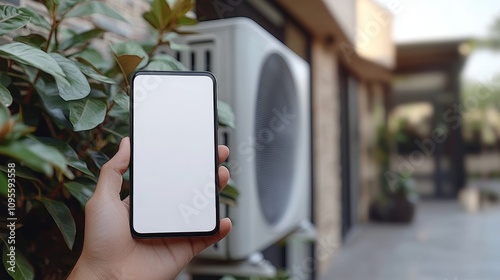 Hand Holding Blank Smartphone Mockup, Modern Home Air Conditioner Background, Summer Cooling