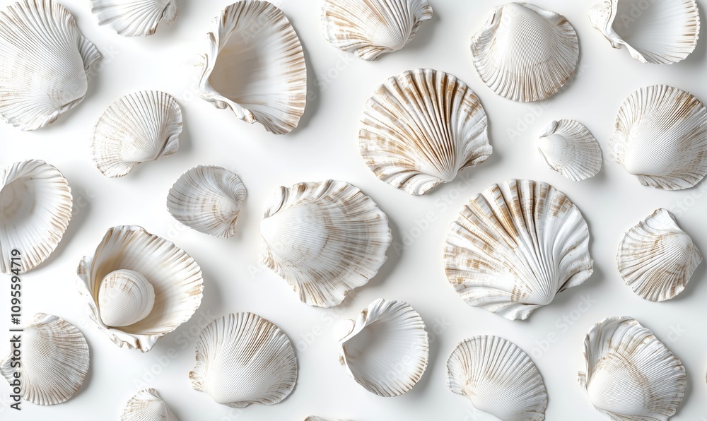 Seashells arrangement, various shapes and sizes, white and beige tones, textured surfaces, natural marine elements, artistic display Seashells arrangement, various shapes and sizes, white and beige tones, textured surfaces, natural marine elements, artistic display
