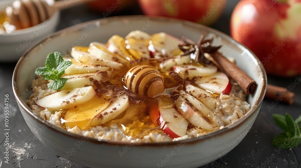 A bowl of oatmeal topped with sliced apples, cinnamon sticks, honey, and chocolate shavings. A bowl of oatmeal topped with sliced apples, cinnamon sticks, honey, and chocolate shavings.